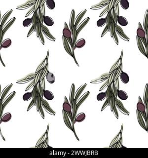 Nahtloses Vektor-Muster mit Olivenbaumzweig, Blättern und Olivenfrüchten. Handgemalte Umrissblume Illustration mit farbigem Hintergrund für Küche Stock Vektor