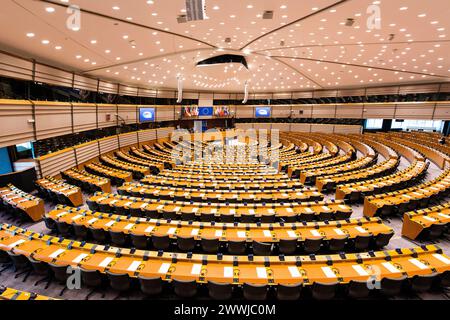 Plenarsaal Europäisches Parlament Europäisches Parlament, Brüssel, Belgien. Hauptkonferenzsaal des Europäischen parlaments. Brussel Europäisches Parlament Brussel Belgie Copyright: XGuidoxKoppesx Stockfoto