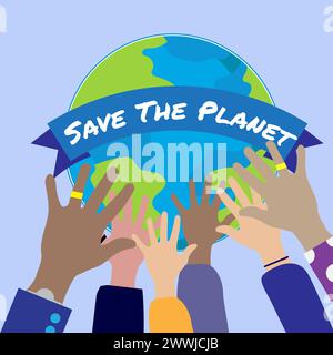 Verschiedene Gruppen von Menschenhänden halten die Erde mit einem Textbanner „Rettet den Planeten“, „Ökologie“ oder „Klimakonzept“ Stock Vektor