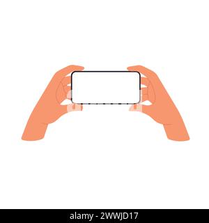 Horizontaler Bildschirm des Mobiltelefons in der Hand. Halten des Smartphone-Rahmens. Illustration des flachen Vektors isoliert auf weiß Stock Vektor