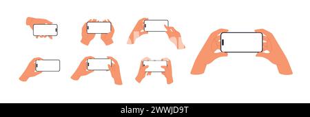 Berlin Deutschland 21. Januar 2024 Mobiltelefone Mockups, horizontales Smartphone, iphone-Bildschirme in Händen gesetzt. Flache Vektorabbildungen isoliert auf weiß Stock Vektor