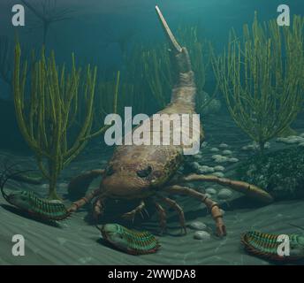 Eurypterus jagt Trilobiten im Silurischen Meer Stockfoto