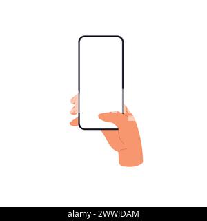 Mockup des Mobiltelefonbildschirms in der Hand. Smartphone-Display mit Daumenfinger. Illustration des flachen Vektors isoliert auf weiß. Stock Vektor