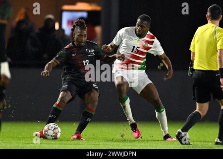 ALMERE - (l-r) Johnny Marajo aus Martinique, Anfernee Dijksteel aus Suriname während des Freundschaftsspiels zwischen Suriname und Martinique im Almere City FC Stadium am 24. März 2024 in Almere, Niederlande. ANP | Hollandse Hoogte | GERRIT VAN COLOGNE Stockfoto