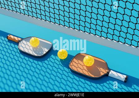Zwei Pickleball-Schläger und -Bälle liegen hintereinander in der Nähe des Netzes auf dem Platz. 3D-Rendering Stockfoto