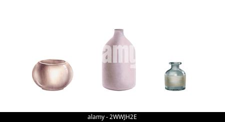 Ein Aquarellset von Containern für den Innenraum. Minimalistische Vase für Blumen, Glasflasche für Aromaöl, runder, glänzender dekorativer Topf für Orchideen oder Stockfoto