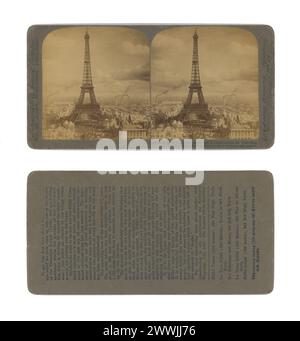 Vintage-Stereographie des Eiffelturms in Paris Frankreich während der Ausstellung Universelle 1889 mit dem Riesenrad La Grande Roue de Paris Stockfoto