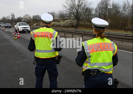 Leipzig - Großkontrolle auf der B2 bei Leipzig: Polizei kontrolliert hunderte Autos und Fahrer 21.03.2024 gegen 10,30 Uhr Leipzig, B2 über 100 Polizisten und Beamte des Zolls haben am Donnerstag eine Großkontrolle auf der Bundesstraße 2 in Leipzig durchgeführt. Nach Angaben von Michael Fengler, Leiter der Verkehrspolizeiinspektion, legen die Beamten beim sachsenweiten Fahndungs-und Kontrolltag vor allem den Fokus auf Autofahrer, mögliche Alkohol- und Drogenverstöße, kontrollieren aber auch unter anderem die Ladungssicherung oder das Mitführen von Warnweste und Verbandskasten. Leipzig Sachsen D Stockfoto