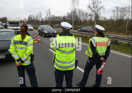 Leipzig - Großkontrolle auf der B2 bei Leipzig: Polizei kontrolliert hunderte Autos und Fahrer 21.03.2024 gegen 10,30 Uhr Leipzig, B2 über 100 Polizisten und Beamte des Zolls haben am Donnerstag eine Großkontrolle auf der Bundesstraße 2 in Leipzig durchgeführt. Nach Angaben von Michael Fengler, Leiter der Verkehrspolizeiinspektion, legen die Beamten beim sachsenweiten Fahndungs-und Kontrolltag vor allem den Fokus auf Autofahrer, mögliche Alkohol- und Drogenverstöße, kontrollieren aber auch unter anderem die Ladungssicherung oder das Mitführen von Warnweste und Verbandskasten. Leipzig Sachsen D Stockfoto