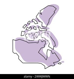Vereinfachte Karte für Kanada. Violette Silhouette mit dünner schwarzer glatter Kontur isoliert auf weißem Hintergrund. Einfaches Vektorsymbol Stock Vektor