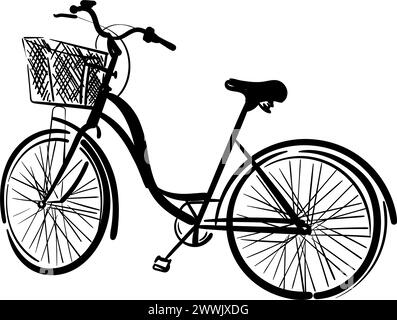 Vektor Hand gezeichnete Illustration des Stadtfahrrads in Tinte Hand gezeichnet Stil. Fahrrad mit Durchstiegsrahmen, Gepäckträger und Korb vorne. Stock Vektor