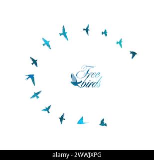Eine Schar fliegender Vögel mit blauem Aquarell. Handzeichnung. Runder Rahmen. Nicht AI, Free Birds Abstraktion. Vektorabbildung Stock Vektor