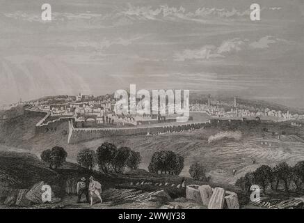 Jerusalem. Allgemeiner Blick vom Ölberg. Stich von Emile Rouargue. "La Tierra Santa y los lugares recorridos por los profetas, por los apóstoles y por los cruzados" (das Heilige Land und die von den Propheten, den Aposteln und den Kreuzfahrern durchquerten Stätten). Veröffentlicht in Barcelona von der Druckerei Joaquin Verdaguer, 1840. Autor: Emile Rouargue (1795–1865). Französischer Graveur. Stockfoto