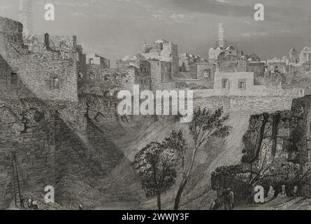 Jerusalem. Blick vom Stephanstor, traditionell bekannt als der Pool von Bethesda. Stich von Emile Rouargue. "La Tierra Santa y los lugares recorridos por los profetas, por los apóstoles y por los cruzados" (das Heilige Land und die von den Propheten, den Aposteln und den Kreuzfahrern durchquerten Stätten). Veröffentlicht in Barcelona von der Druckerei Joaquin Verdaguer, 1840. Autor: Emile Rouargue (1795–1865). Französischer Graveur. Stockfoto