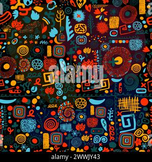 Nahtloses trendiges Muster auf schwarzem Hintergrund mit farbigen Elementen. Handzeichnung. Nicht AI, Vektorillustration Stock Vektor