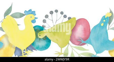 Aquarell ostern nahtlose Grenze mit Hühnchen, Eiern und abstrakten Kräutern Grün Blau Gelb und Rosa Farben. Handgezeichnete Illustration isoliert auf weiß Stockfoto