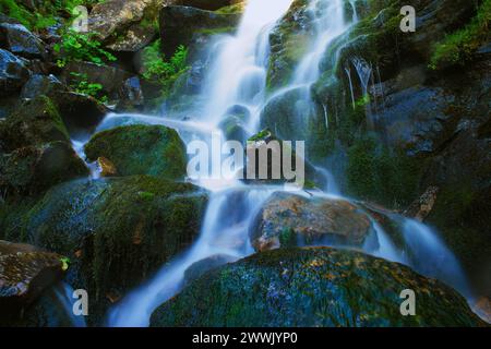 Gebirgsbach mit Wasserfällen im Sommer, lange Exposition eine Sommerlandschaft mit Wasserfall in den ukrainischen Karpaten Full Frame Stockfoto