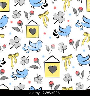 Nahtloses Muster mit Vögeln und Vogelhäuschen Stock Vektor