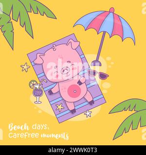 Happy Beach Piggy sonnt und ruht unter Sonnenschirm und Palmblättern. Niedliche entspannende Tierfigur auf gelbem Hintergrund. Vektorabbildung. Su Stock Vektor