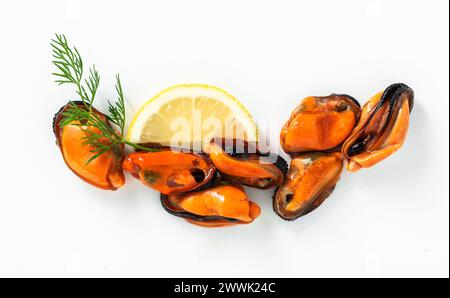 Geschälte Muscheln mit Zitrone und Dill auf weißem Hintergrund Stockfoto