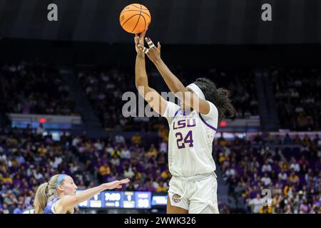 Baton Rouge, LA, USA. März 2024. Aneesah Morrow (24) der LSU hat im Pete Maravich Assembly Center in Baton Rouge, LA, eine zweite Runde des NCAA Women's March Madness Turniers zwischen den Blue Raiders und den LSU Tigers getroffen. Jonathan Mailhes/CSM/Alamy Live News Stockfoto