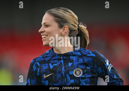 Dagenham am Sonntag, den 24. März 2024. Melanie Leupolz (8 Chelsea) wärmt sich während des Barclays FA Women's Super League-Spiels zwischen West Ham United und Chelsea im Chigwell Construction Stadium in Dagenham am Sonntag, den 24. März 2024 auf. (Foto: Kevin Hodgson | MI News) Credit: MI News & Sport /Alamy Live News Stockfoto