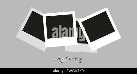Die Fotokamera rahmt ein Fotomockup-Scrapbook auf eine graue Wand. Mein Familienfoto. Schwarze Fotorahmen-Vorlage. Vektorabbildung. Stock Vektor
