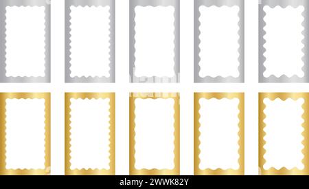 Set aus goldfarbenen rechteckigen Spiegeln, Foto- oder Bilderrahmen mit welligen inneren Rändern. Goldene rechteckige, wellige Designelemente, Aufkleber oder Tags isoliert auf weißem Hintergrund. Vektorabbildung. Stock Vektor