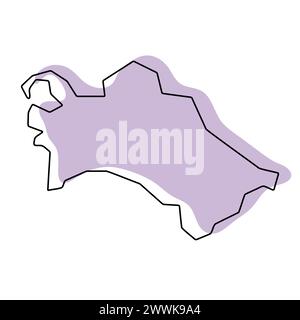 Vereinfachte Karte für Turkmenistan. Violette Silhouette mit dünner schwarzer glatter Kontur isoliert auf weißem Hintergrund. Einfaches Vektorsymbol Stock Vektor