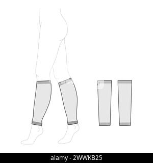 Beinwärmer Loose Long Socken Fußlose Strumpfwaren knielang. Mode Accessoire Kleidung technische Illustration Strumpf. Vektor-Vorderseite, Seitenansicht für Männer, Damenstil, flache Vorlage CAD-Modellskizze Stock Vektor