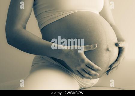 Beschreibung: Mittelteil einer Mutter, die auf einem Stuhl sitzt und sanft ihren sehr runden Bauch hält. Seitenwinkelansicht. Weißer Hintergrund. Brig Stockfoto