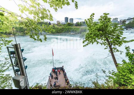 Beschreibung: Touristen beobachten die mächtigen Wasserfälle neben Schloss Laufen am Rheinfall von der Plattform und den Ausflugsbooten aus. Rheinfall, Neu Stockfoto