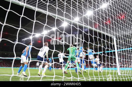 London, Großbritannien. März 2024. Eine allgemeine Ansicht, da brasilianische Spieler aus einer englischen Ecke abgewichen sind. England gegen Brasilien, internationales Fußball-Freundschaftsspiel im Wembley Stadium in London am Samstag, 23. März 2024. Nur redaktionelle Verwendung. bild von Andrew Orchard/Andrew Orchard Sportfotografie/Alamy Live News Credit: Andrew Orchard Sportfotografie/Alamy Live News Stockfoto