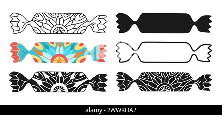 Eingewickelte Süßigkeiten mit Doodle Ornament. Bonbon mit Zeichentricksymbol, Lutscher mit Stempel, Linienzeichen oder Silhouette, Süßigkeiten, Snack-Design-Set. Leckere Zucker Dessert Essen kindliche Party. Gewickelte Bonbon-Vektor-Illustration Stock Vektor