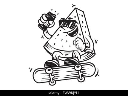 Line Art Maskottchen Charakter des Wassermelonenspringens auf dem Skateboard. Halten Sie eine Bierdose Stock Vektor