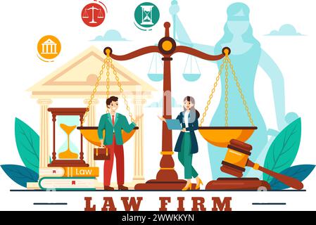 Anwaltskanzlei Services Vektor-Illustration mit Gerechtigkeit, Rechtsberatung, Urteil und Anwalt Berater in Flat Cartoon Hintergrund Design Stock Vektor