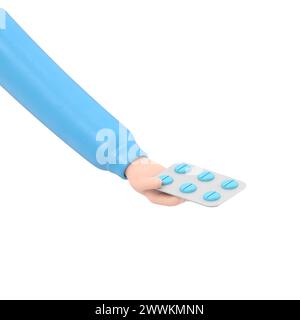 3D-Rendering. Symbol für eine Packung Pillen. Arzt oder Apotheker Cartoon Hand mit schwarzer Haut, die Medikamente hält. Medical Healthcare Illustration.3D Rendering auf weiß Stockfoto