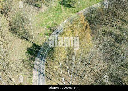 Kurvenreiche Fahrradwege umgeben von grünem Gras und Bäumen. Spring Park am sonnigen Morgen. Drohnenfoto. Stockfoto