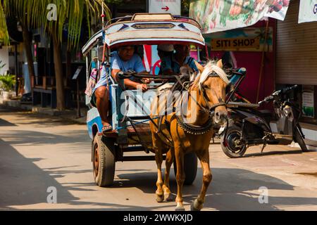 Ein traditioneller Pferdewagen (Cidomo), der Touristen auf der Insel Gili Air transportiert. Die Verwendung von Cidomos wurde wegen der Behandlung von Pferden kritisiert Stockfoto
