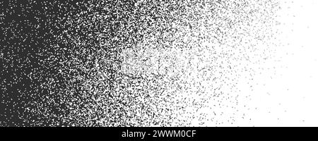 Rauschverlauf Hintergrund von weiß zu Schwarz mit Kornstruktur. Einfarbiges Punktmuster mit körnigem Effekt. Vektordarstellung der diffusen Gradation von Halbtonspeckeln. Lautes Puder verblasster Schatten. Stock Vektor