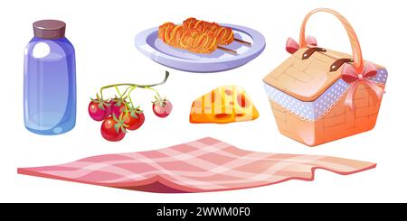 Niedliches Picknick-Set mit Korb, Essen und Decke. Zeichentrickvektor Illustration Set von Outdoor City Park Abendessen Essen und Snacks - Flasche mit Getränk, Käse und Tomate, Teller mit Hot Dog auf Stock. Stock Vektor