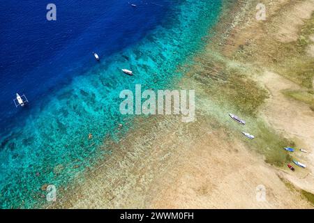 Aus der Vogelperspektive auf Schwimmer und Schnorchler von Touristenbooten über einem tropischen Korallenriff in einem warmen Ozean (Gili Air, Lombok, Indonesien) Stockfoto