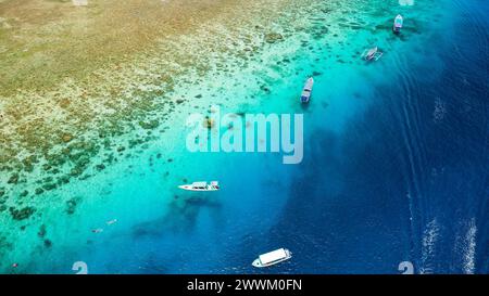 Aus der Vogelperspektive auf Schwimmer und Schnorchler von Touristenbooten über einem tropischen Korallenriff in einem warmen Ozean (Gili Air, Lombok, Indonesien) Stockfoto