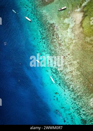 Aus der Vogelperspektive auf Schwimmer und Schnorchler von Touristenbooten über einem tropischen Korallenriff in einem warmen Ozean (Gili Air, Lombok, Indonesien) Stockfoto