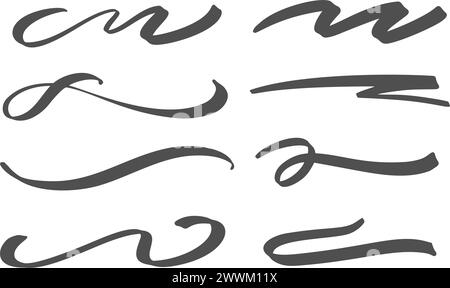 Swoosh-Vektorlinien. Handgezeichnete Taumelstrümpfe und Schwanzstriche mit Drallschwanz. Kalligraphie-Squiggle-Wellen. Doodle dekorativer Marker Flourish. Stock Vektor