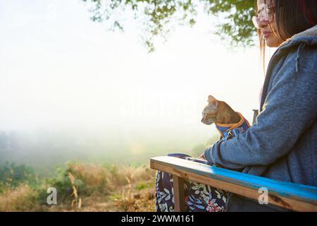 Seitenansicht einer asiatischen Frau, die mit ihrem Kätzchen auf einer Bank sitzt, während eines nebeligen morgens im Wald Stockfoto