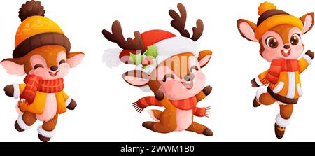 Set mit drei süßen weihnachtlichen Rentieren. Kleiner glücklicher Hirsch in Winterkleidung, warmer Hut und Schal. Dynamische Posen, farbenfroher, detailreicher Cartoon-Style Stock Vektor
