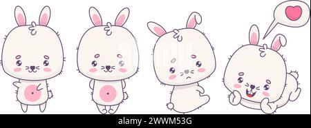Sammlung niedlicher Kaninchen. Lustige weiße Hasen glücklich und traurig, lächelnd, verliebt. Isolierter Kawaii-Tiercharakter. Vektorabbildung. Kinderkollektion. Stock Vektor
