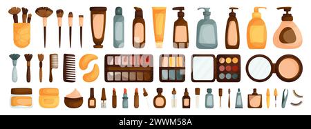 Make-up-Set. Falsche Wimpern, Pinzette, Mascara, Parfüm, Tube Creme, Lippenstift, Flasche Öl, Pipette, Glas Creme, nagellack, Bürsten, Holz Stock Vektor