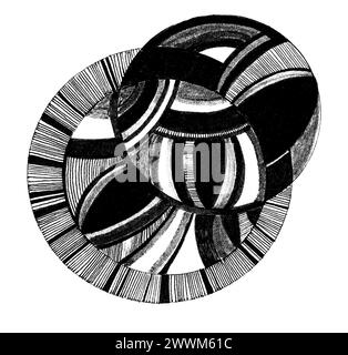 Abstrakte geometrische Form isoliert auf weißem Hintergrund. Besteht aus vielen Elementen. Schwarze Farbe. Überlappende Kreise. Gefüllt mit verschiedenen Streifen und Konturen, geometrische Formen. Stockfoto